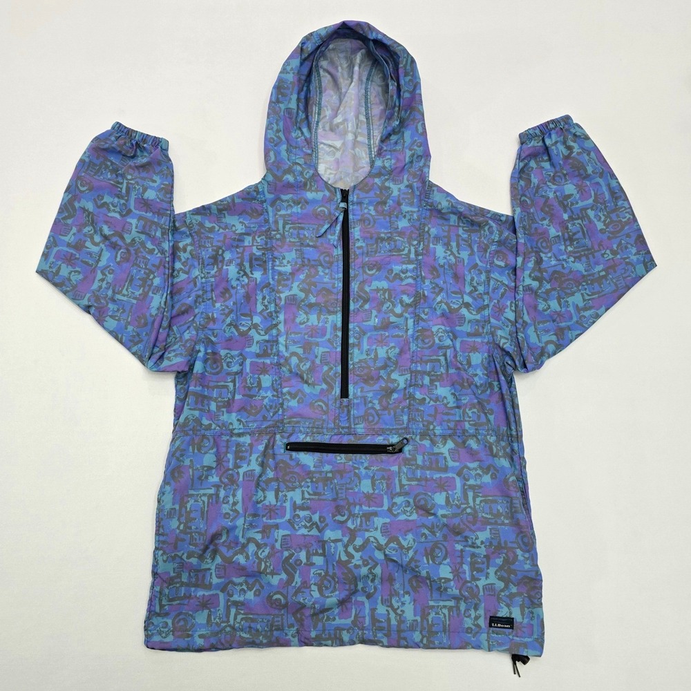Vintage LL Bean Kids XL Anorak Windbreaker Jacket Purple Blue Abstract Pattern